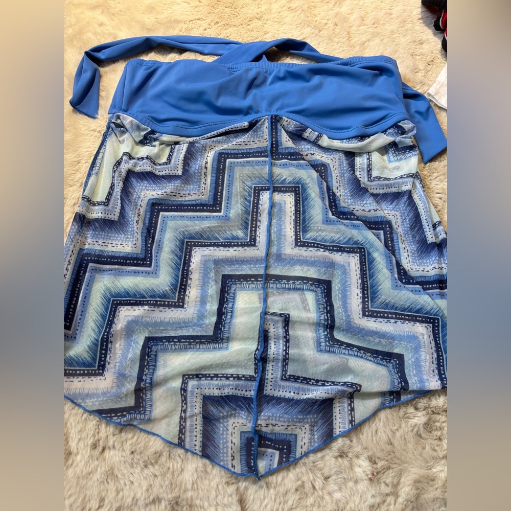 Tropical Escape Blue and White Chevron Swim Top